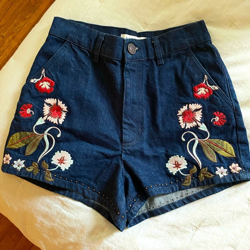 Sandro Paris Floral Embroidered Denim Short